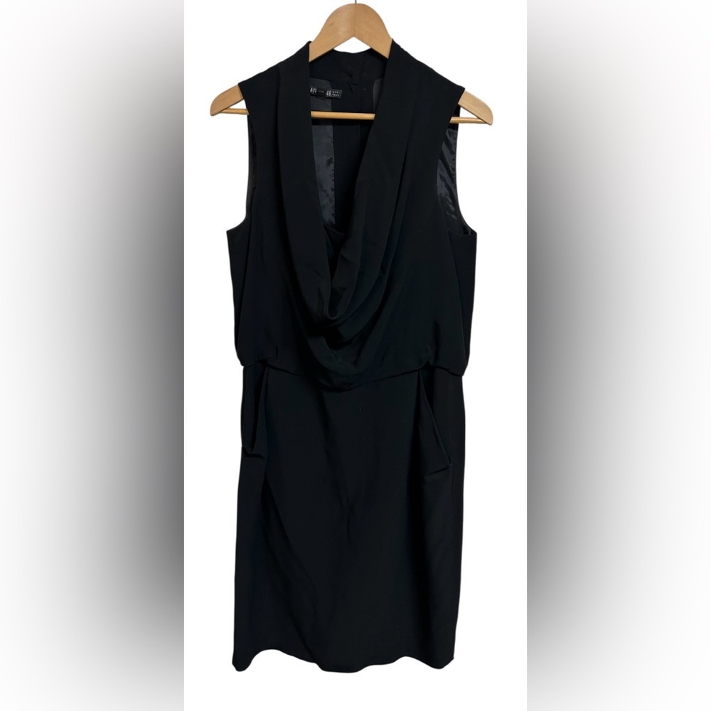 Lafayette 148 Cowl Neck in Black Crepe Button Back Blouson Sheath Dress Size 12